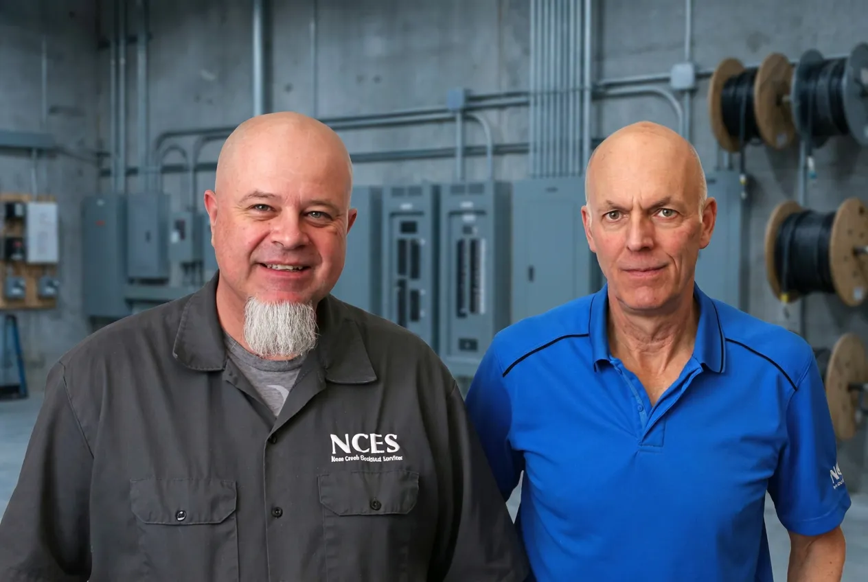 Rich Rogi and Ted Beswetherick, founders of Nose Creek Electrical Services, in the shop