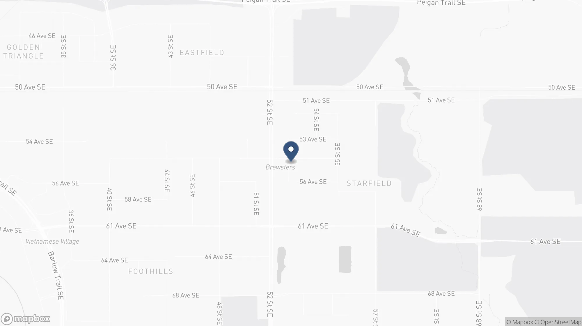 Map of southeast Calgary with the NCES shop pinned at 102, 5510 – 53rd Street SE in the Starfield Industrial area