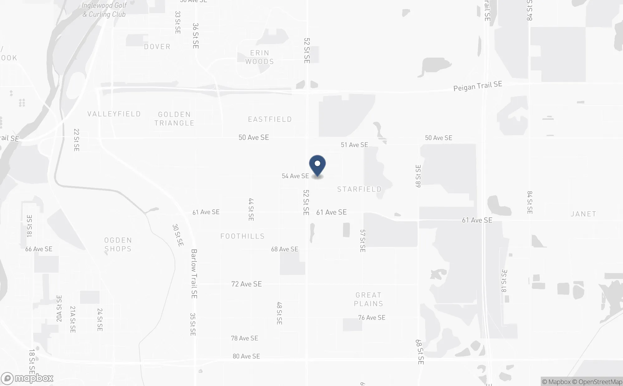 Map of southeast Calgary with the NCES shop pinned at 102, 5510 – 53rd Street SE in the Starfield Industrial area